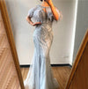 LG278 Silver Diamond beaded Evening gowns with feather shawl