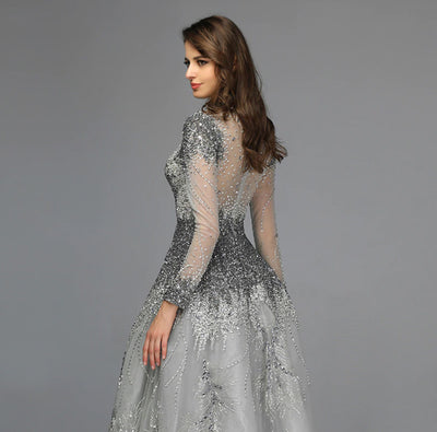 LG149 Luxury Grey Long Sleeves high neck diamond beaded Evening Gown