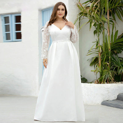 CW307 Plus Size Deep V neck A-Line Satin Wedding dress
