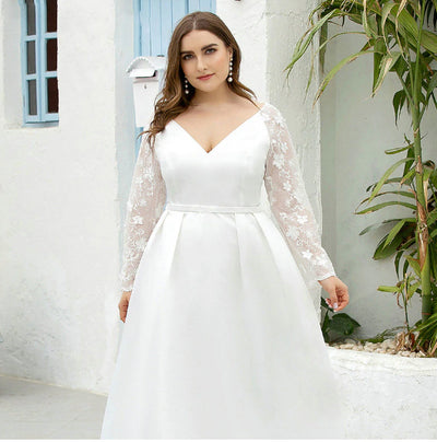 CW307 Plus Size Deep V neck A-Line Satin Wedding dress