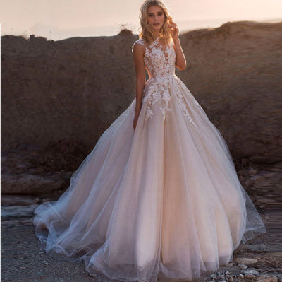 CW324 Scoop Lace Applique A Line boho Wedding Dresses