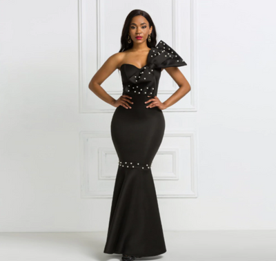 PP294 Plus size Big Bowtie Beading Black Prom Dress