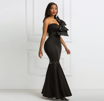 PP294 Plus size Big Bowtie Beading Black Prom Dress