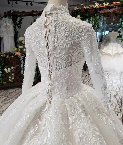 HW58 Luxury muslim high neck lace up back wedding dresses