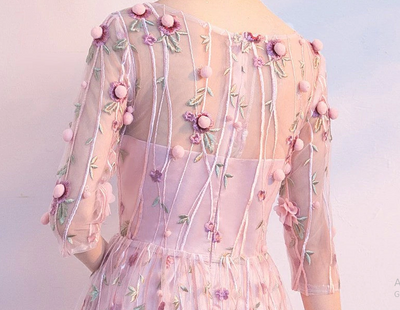 BH81 Pink Mesh Embroidery Bridesmaid Dresses