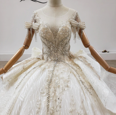 HW205 Real Photo high-end short sleeves beading tassel Wedding Gown