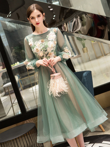 BH214 : 3/4 sleeves Tea-Length Bridesmaid dress