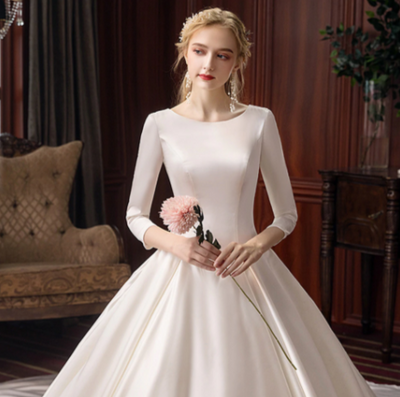 HW213 Real Photo simple 3/4 sleeves wedding dress with long train