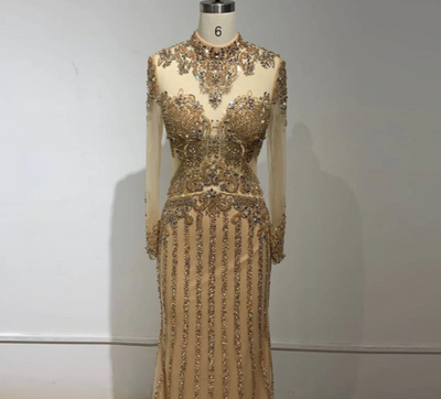 LG183 : 2 Styles Long Sleeves full diamond beaded Evening Dresses(5 Colors)