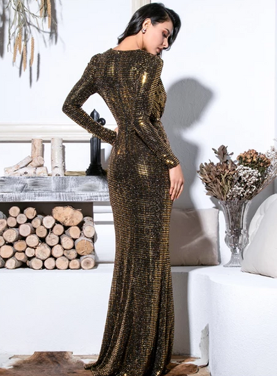 PP215 Gold glitter deep v-neck puff sleeves elastic Maxi Dress