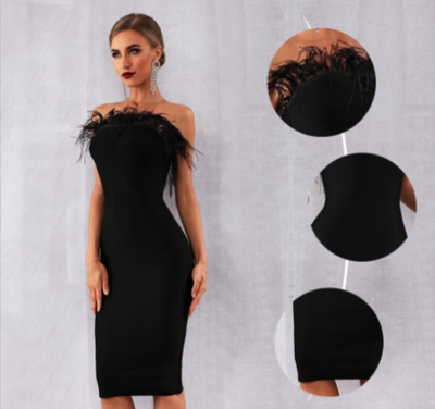 MX245 Classy strapless feather black Cocktail Dress
