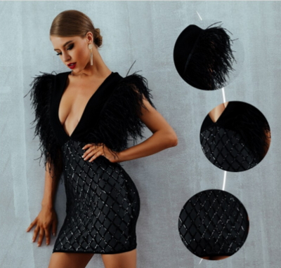 MX246 Sexy deep V-neck feather sequin black Cocktail Dress