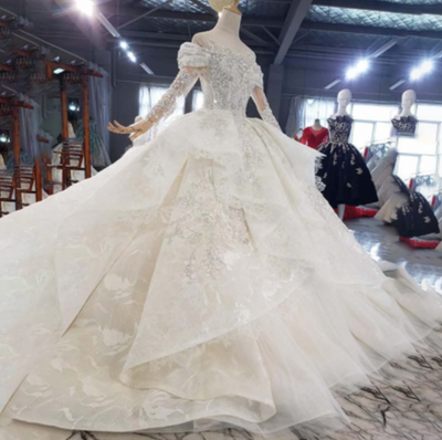 HW260 Real Photo : O-neck long sleeves sequined Pearl Bridal Dress