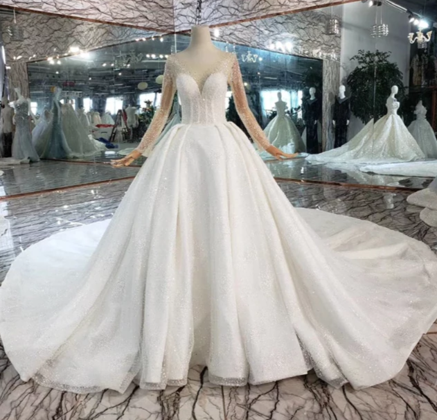 HW64 Glamorous long sleeves crystal beaded Bridal Dress - Nirvanafourteen
