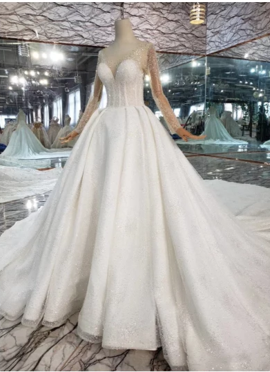 HW64 Glamorous long sleeves crystal beaded Bridal Dress