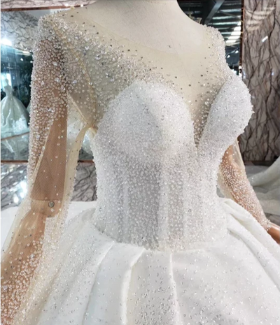 HW64 Glamorous long sleeves crystal beaded Bridal Dress