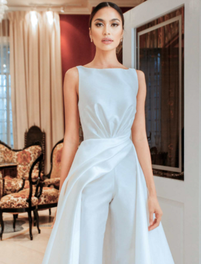 PD38 Classy satin Wedding jumpsuit with overskirt