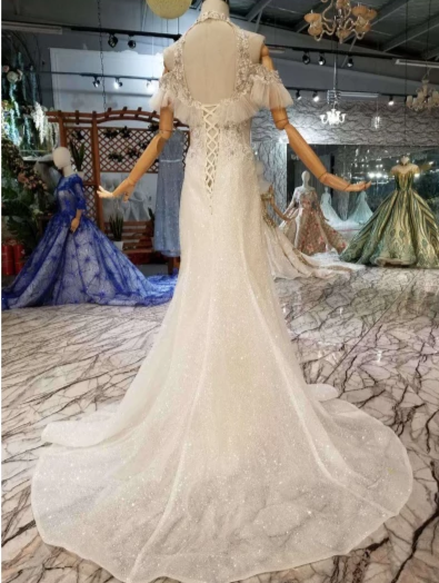 HW67 Luxury halter ruffle mermaid wedding dresses with detachable train