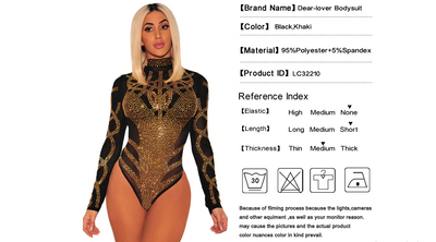 JR31 Sexy Black Gold Rhinestone Long Sleeves  Bodysuit