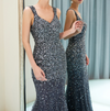 LG356 Luxury Spaghetti Strap V Neckline Beaded Evening Gowns (2 Colors)