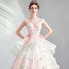 CG94 Pink Lace Applique Flower Beads Crystal Ball Gown