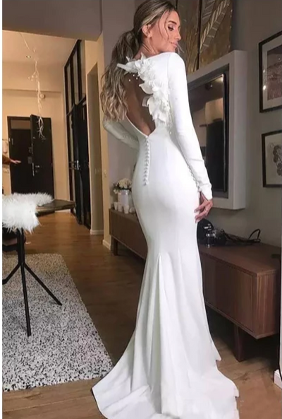 CW247 Simple Open Back with 3D Flowers Wedding Gowns