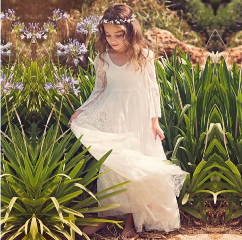 FG204 Lace Flare sleeve Flower Girl Dresses (White/Off-white ...