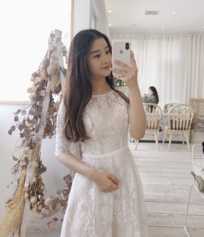 SS124 Real Photo Lace Vintage Champagne Tea Length Bridal Gown
