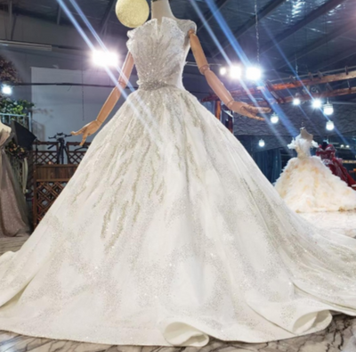 HW284 Real Photo O-Neck Crystal Sequined Beading Wedding Dress