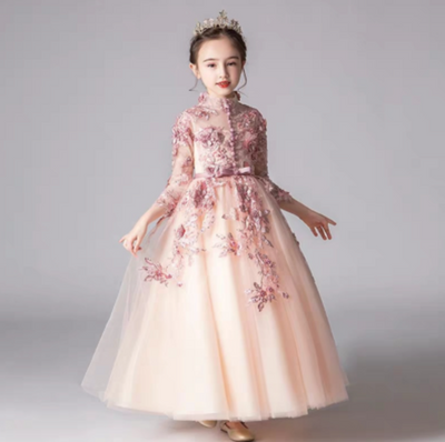 FG350 : Luxury 2 Styles Pink flower embroidery Girl Pageant Dresses