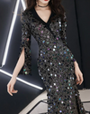 PP227 V-Neck 3/4 sleeves sequins Prom Dresses ( 4 Colors)