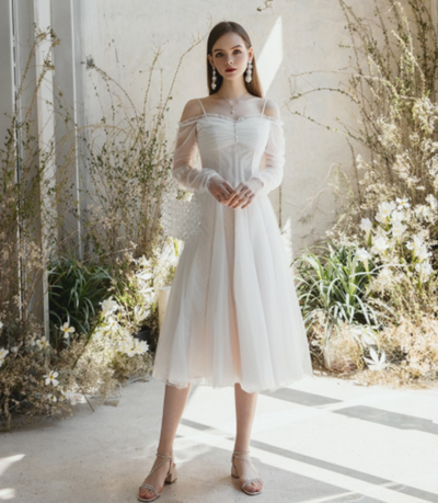 SS127 Vintage slash neck Mid-length Bridal Dress