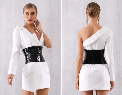 MX192 Sexy One Shoulder Party Dress with sash (White/Black)