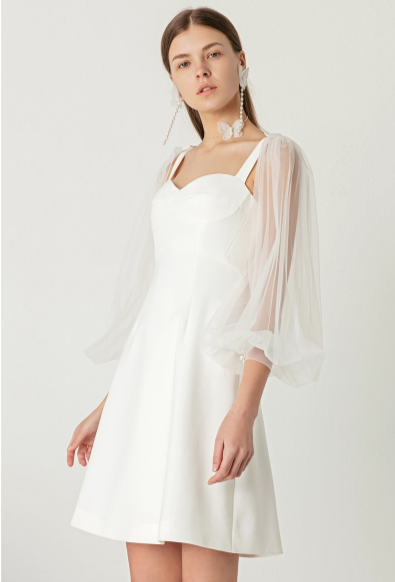 SS128 : 3/4 mesh lantern sleeves Short Bridal Dress