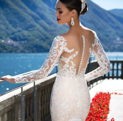 HW79 Luxury Long Sleeve Mermaid Wedding Dress with see through Back
