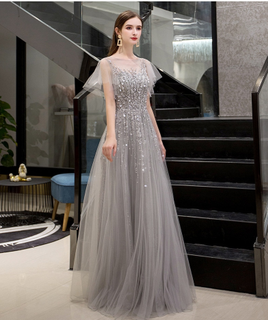 LG389 Luxury Beaded Sequins A-line Grey Evening Dresses
