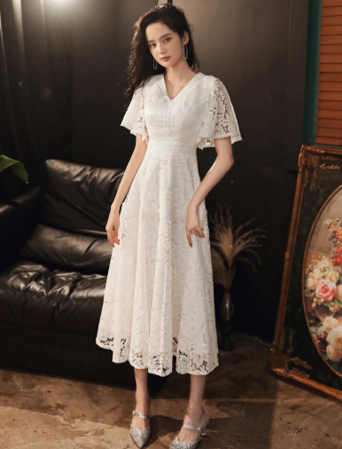 SS137 Full lace V-neck A-line Tea-length Wedding Dress