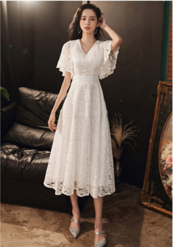 SS137 Full lace V-neck A-line Tea-length Wedding Dress