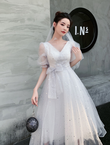 SS139 White sequined Tea-Length Wedding dress