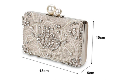 CB132 Crystal Beaded Pearls lock Evening clutch bags(Silver/Apricot)