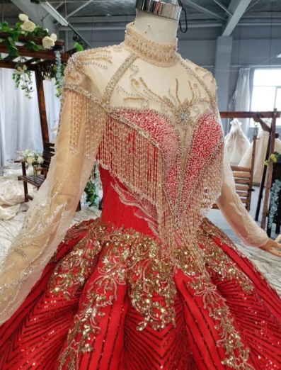 CG99 Red high neck long sleeve ball gown Quinceanera Dresses