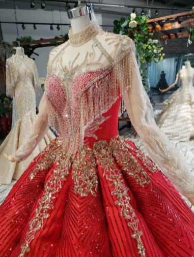 CG99 Red high neck long sleeve ball gown Quinceanera Dresses