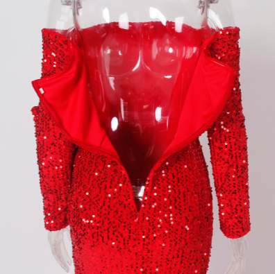 PP376 off the shoulder Red Sequined Party Dress