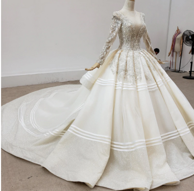 HW218 Real Photo Luxurious long sleeves Pearls Sequin Wedding Gown