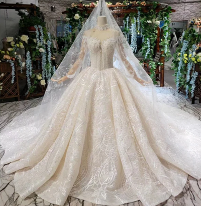 HW96 Luxury high neck long sleeve wedding dress with matching veil