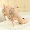 BS49 Pointed Toe Crystal Buckle Bridal High Thin Heels(5 Colors)