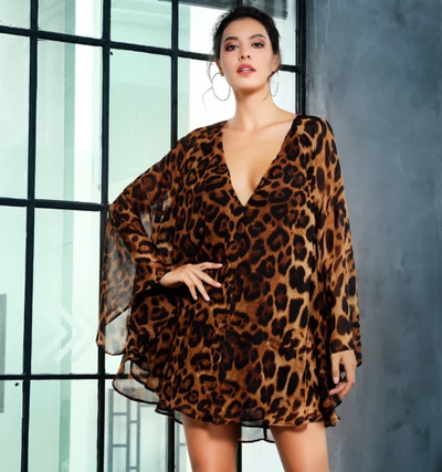 MX204 Deep V-Neck Open Back Cloak Style Leopard Chiffon Dress