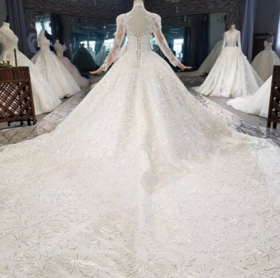 HW219 Real Photo Shining High Neck Long Sleeves Bridal Gown