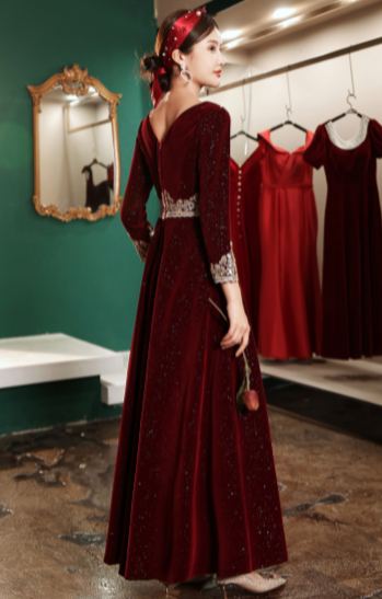 BH289 Full sleeve gold embroiderry sequin Burgundy Bridesmaid dress