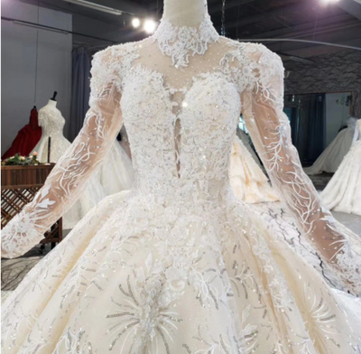 HW219 Real Photo Shining High Neck Long Sleeves Bridal Gown
